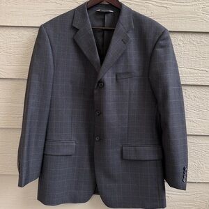 Pronto Uomo Men 46" Chest  Dark Gray Blue Plaid‎ Wool Sport Coat Jacket Blazer